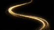 © Baskara - Sentier lumineux doré avec des particules brillantes sur fond noir.