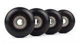 Sleek black polyurethane skateboard wheels precisely aligned, visible bearings, clean studio shot showcasing vital equipment, ideal product advertising asset.