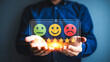 © BITHI - Conceptual image of a person presenting a digital interface with customer satisfaction ratings, showing emotional feedback emojis and glowing star reviews for service quality and user experience