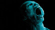 © ARSHDEEP - Disturbing Portrait of a Screaming Zombie with Gruesome Features Captured in Dynamic Graphic Style, Eerie Blue Lighting Against Stark Black Background Evoking Fear and Tension