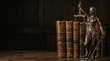 © Nazri - Bronze Lady Justice statue holding scales and sword next to old vintage law books on a wooden table in a courtroom or law library representing legal systems and judicial fairness for lawyer