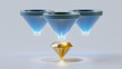 © jianjian - 3D render of three blue funnels filtering and converting into a glowing gold diamond, representing sales marketing funnel and lead optimization