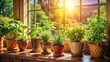© udomsak - Tempting herbs in terracotta pots spill out onto sunny windowsills embracing wholesome living amidst lush morning light