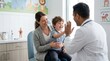 © Aisyah - Cheerful young boy sits on his mother lap while giving a high five to a friendly male pediatrician during a successful medical checkup in a bright clinic office, representing trust in healthcare