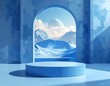 © Tjiamputh - A serene blue archway frames a majestic snowy mountain landscape with a cloudy sky, set against a minimalist blue podium and backdrop