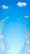 © ele - 青空と白い雲を背景に左右からアーチ状に広がる水しぶきと輝くきらめき　Arching Water Splashes and Glowing Sparkles with Blue Sky and Clouds