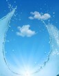 © ele - 青空と白い雲を背景に左右からダイナミックに広がる水の流れと水しぶき　Dynamic Water Splashes and Flow Framing a Clear Blue Sky and Clouds