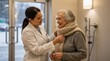 © Pornfa - Compassionate caregiver assisting elderly woman with scarf in warm healthcare environment during winter season, promoting warmth and care in healthcare