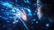 © David - Woman interacts with a glowing digital interface that displays complex data visualizations and abstract network connections while she explores futuristic computing systems in a dark environment.
