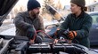 © Aurora Aesthetics - roadside assistance car battery jumpstart volunteer winter driver help repair Woman connects jumper cables to help a stranded man restart his car in winter for kindness safety and service campaigns