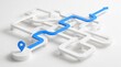 © OPP-786 - Strategic navigation glowing path concepts. 3D white maze with an angular blue arrow and location marker path concept