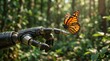 © pixelcity - Robotic hand touching a monarch butterfly. Artificial intelligence meets nature concept.