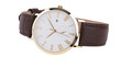 © Nolan - Gold analog wristwatch with white face and Roman numerals brown leather strap, isolated on transparent background
