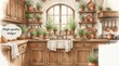 © Paul - A warm kitchen scene with a basin, wooden cabinets, and many green plants by the window.
