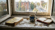 © milanchikov - Ventana con vista a la ciudad, libros abiertos, taza y monedas sobre un alféizar lleno de objetos