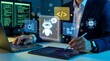 © Muzamil Mustafa - Professional programmer developing artificial intelligence software solutions using digital tablet and laptop computer interface displays with businessman working dark office