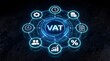 © Mixests - Digital value added tax interface with financial icons on dark background with displays glowing blue VAT interface surrounded financial symbols dark surface