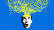 © thiago - A man's shocked face has a bright yellow chaotic mess of lines exploding from the top of his head against a blue background.