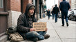 © Arslan - Homeless man sitting on city sidewalk. Beggar holding cardboard sign asking for help.