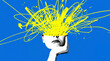 © thiago - Abstract illustration of a head with an explosion of yellow lines and splatters representing creative thoughts and ideas.