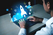 © InfiniteFlow - Creative Digital Workspace for Startup Ideas Featuring Modern Technology and Innovative Concepts with Graphic Elements on Laptop Screen Haptic.