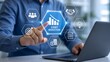 © Asif Rubayet - Businessman's hand pointing to a digital screen showing cost reduction infographic with icons representing goals, teamwork, and savings.