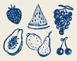 © Muaz - Handdrawn fruit collection set, blue crayon style illustrations of strawberry, watermelon, grapes, papaya, pear, and cherries