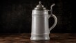 © Laia - Traditional vintage German pewter beer stein mug on a dark rustic wooden table.