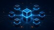 © AI - Decentralized network topology concept with glowing central data block connected to peripheral nodes on futuristic blue circuit board