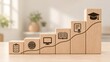 © Aish-Studio - Rising wooden blocks with educational icons and upward trend line, representing academic growth, learning progress, and successful education journey.