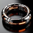 © miss irine - Futuristic metallic ring features glowing orange segments, polished chrome texture. Advanced technology concept displays circular mechanical design with dark background lighting. Industrial high tech