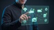 © NK - Man touching interface with connected factory truck warehouse and recycle icons green supply chain concept for sustainable logistics carbon reduction and eco friendly distribution network