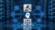 © abdul studio - Artificial intelligence legal compliance concept with glowing 3d icons representing AI ethics regulation and corporate governance in a modern server room.