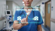 © Thimira - nurse touches glowing patient referral network interface with connected clinic pathway to confirm specialist transfer, track medical record sharing, and finalize care coordination
