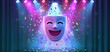 © ckybe - Cheerful comedy mask illuminated by a bright spotlight, surrounded by colorful confetti and lively theater setting.
