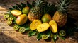 © Iman00 - Fresh Tropical Fruits with Pineapple Mango and Kiwi on Rustic Wooden Table with Green Leaves