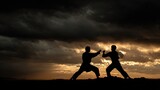 dojo. Two martial arts silhouettes in dynamic poses against a dramatic sunset backdrop. inspiring travel planning, event key visuals, designed for fitness apps and gym onboarding.