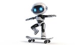 White and black robot with blue glowing eyes riding a skateboard on white background