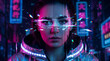 © Prasetyo - Cyberpunk woman with digital interface and neon lighting.