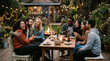 © RONI - Diverse friends enjoying garden dinner party with fairy lights and fire pit