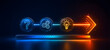 © alimu - Futuristic linear process flow showing question mark gears and idea bulb leading to glowing arrow for problem solving concept