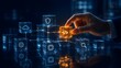 © Ridwan_DigitalGrid - Hand placing a glowing coding block into a futuristic digital network, software development and cloud computing system integration concept.