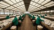 © Wool World - Professional Workers Harvesting White Button Mushrooms in a Large Industrial Greenhouse Facility