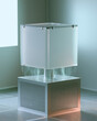© Toufiqul - Minimalist air filtration unit with frosted glass cube and perforated metal base in bright room