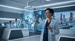 © CREATIVIT.XO - Female doctor examining brain scan hologram with futuristic technology in a modern medical lab