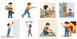 © Rendy - Vector set of a cute little boy moving into a new home, painting walls, carrying boxes, and playing.