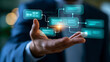 © Nataliya - Close-up of businessman hand using artificial intelligence decision workflow interface, ethical AI analysis and governance concept, defocused background, with copy space