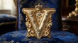 © Satria - Letter V displays an intricate golden crown and flourishes while resting on a luxurious blue velvet chair.