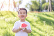 © tai - Little boy holding watermelon and smiling happily outdoors in sunny grassland