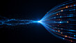© emwe studio - High speed fiber optic data stream converging with glowing digital particles representing telecommunication and cyber network transfer.